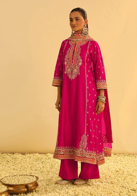 Hot Pink Embroidered Silk Chanderi Kurta Set