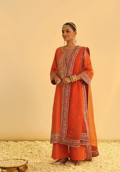 Orange Embroidered Silk Chanderi Kurta Set