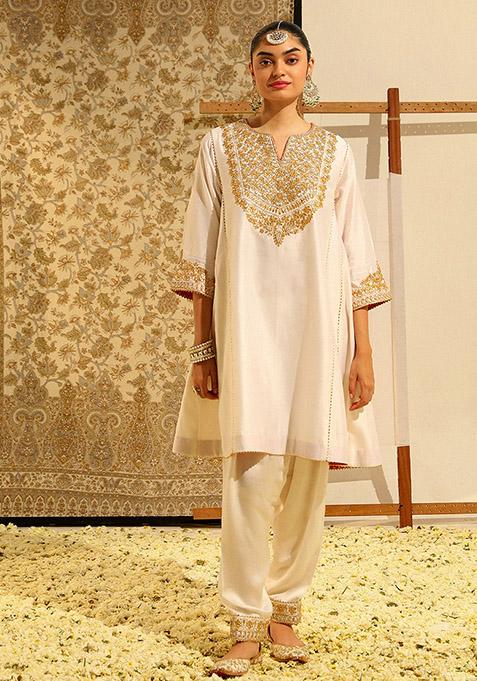 Daisy Ivory Embroidered Silk Chanderi Kurta Set