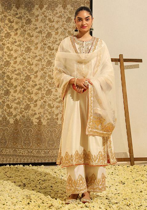 Daisy Ivory Embroidered Silk Chanderi Kurta Set