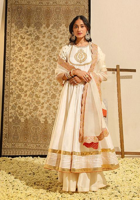 Daisy Ivory Embroidered Silk Chanderi Anarkali Gown Set