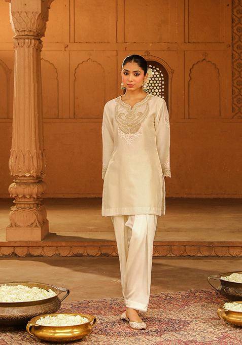 Daisy Ivory Embroidered Silk Chanderi Kurta Set