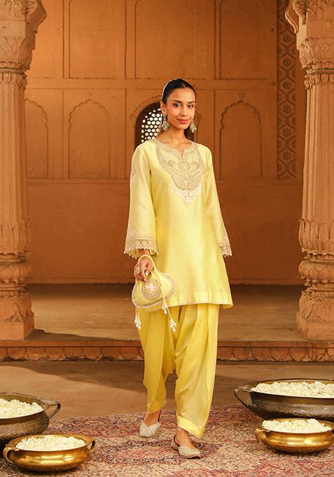 Lemon Yellow Embroidered Silk Chanderi Kurta Set