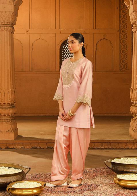 Blush Pink Embroidered Silk Chanderi Kurta Set