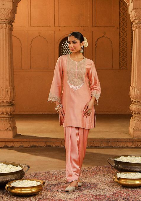 Off Rose Embroidered Silk Chanderi Kurta Set