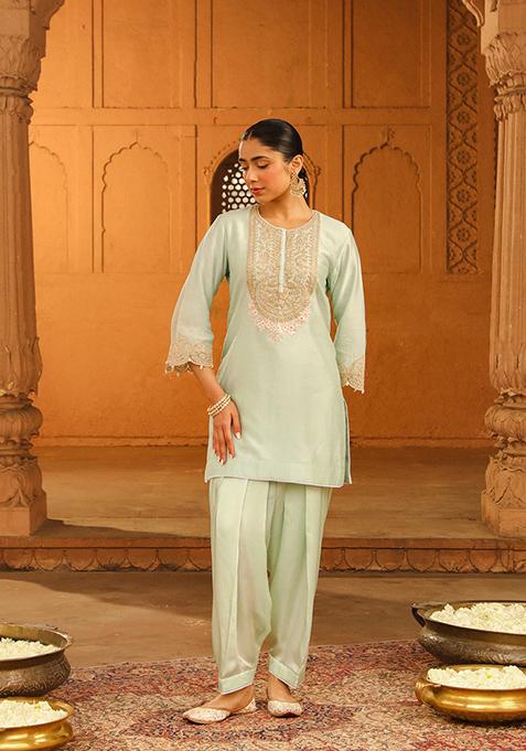 Mist Green Embroidered Silk Chanderi Kurta Set