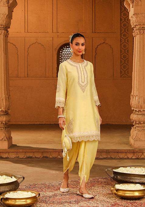 Lemon Yellow Embroidered Silk Chanderi Kurta Set