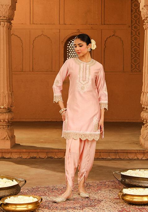 Blush Pink Embroidered Silk Chanderi Kurta Set