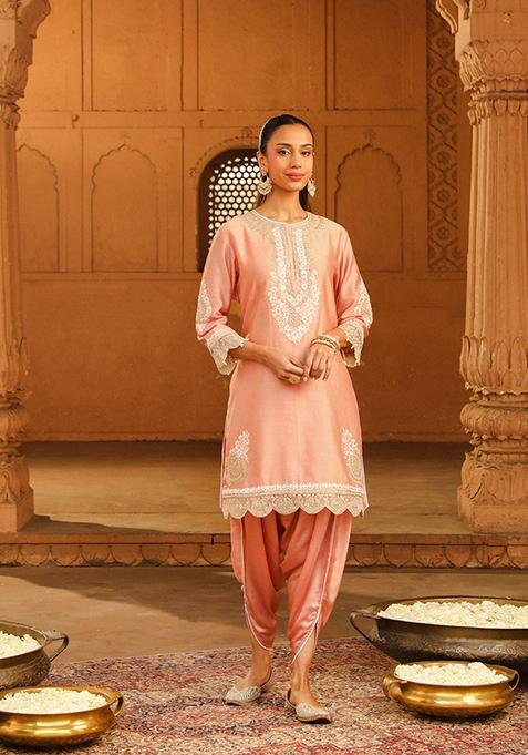 Off Rose Embroidered Silk Chanderi Kurta Set