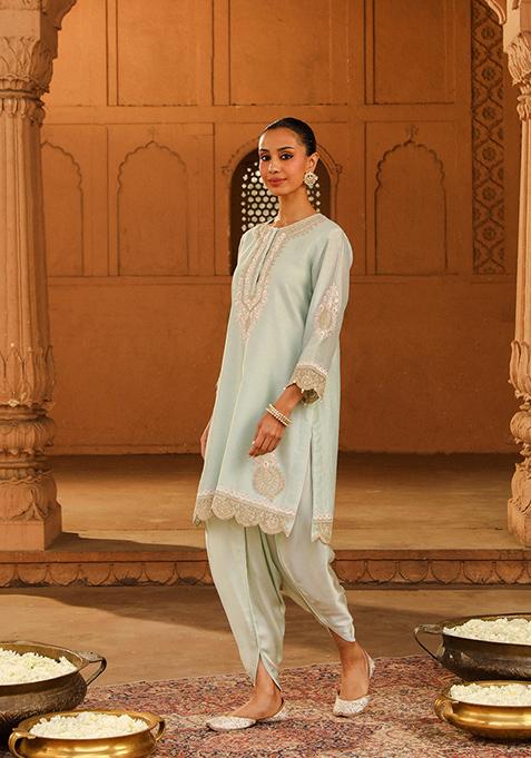 Mist Green Embroidered Silk Chanderi Kurta Set