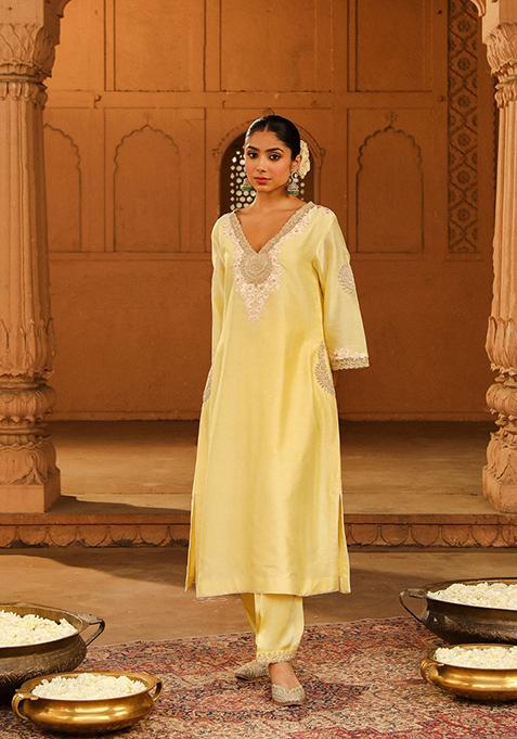 Lemon Yellow Embroidered Silk Chanderi Kurta Set