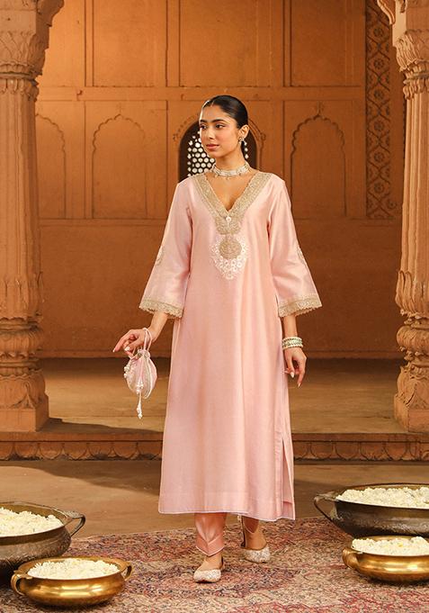 Blush Pink Embroidered Silk Chanderi Kurta Set