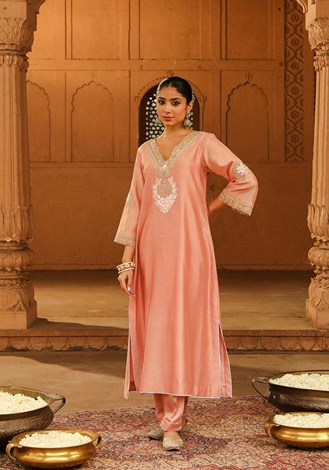 Off Rose Embroidered Silk Chanderi Kurta Set