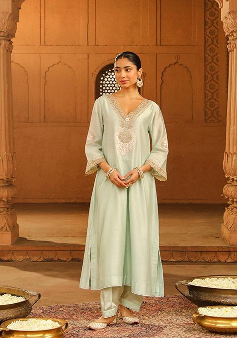 Mist Green Embroidered Silk Chanderi Kurta Set