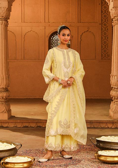 Lemon Yellow Embroidered Silk Chanderi Kurta Set