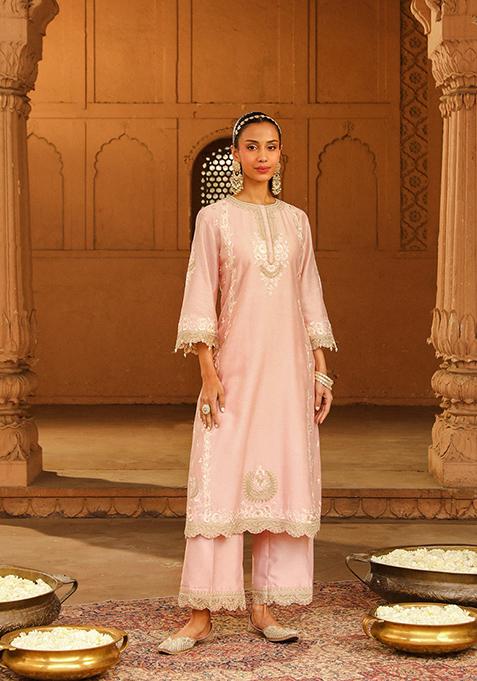 Blush Pink Embroidered Silk Chanderi Kurta Set