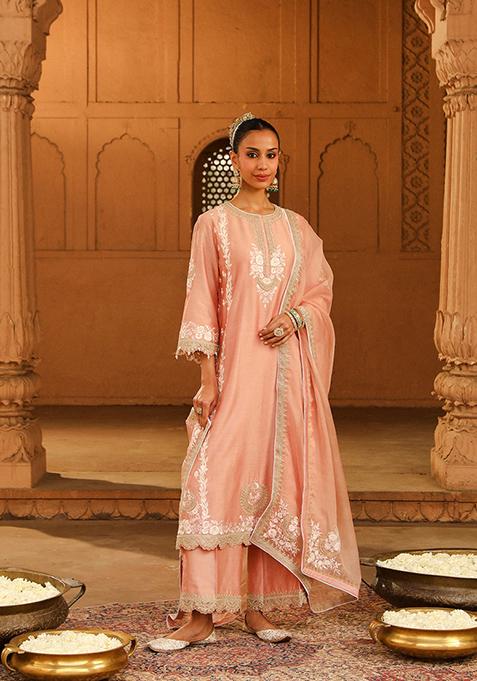 Off Rose Pink Embroidered Silk Chanderi Kurta Set