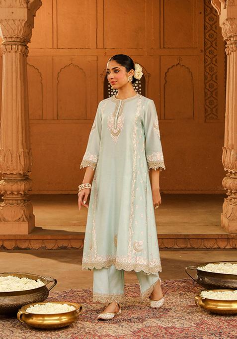 Mist Green Embroidered Silk Chanderi Kurta Set