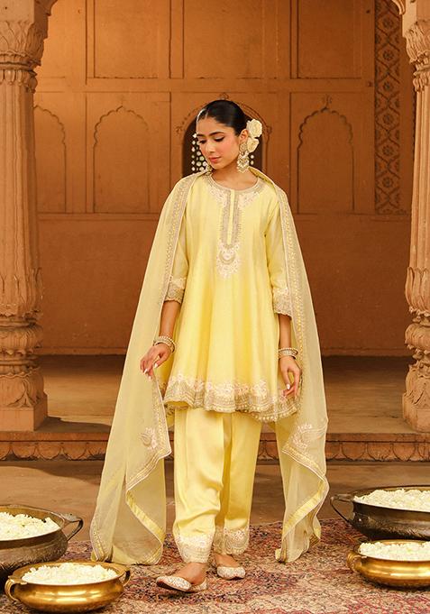 Lemon Yellow Embroidered Silk Chanderi Kurta Set