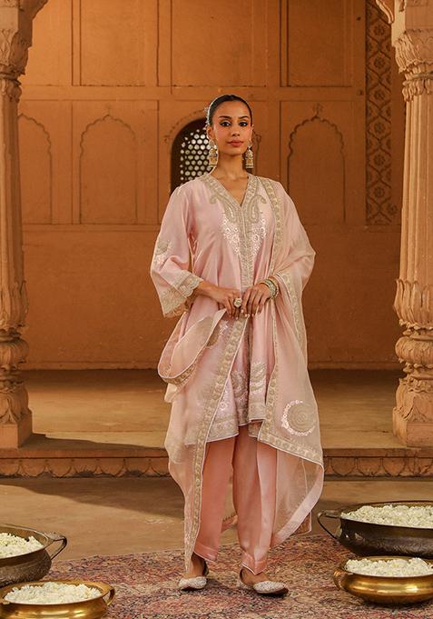 Blush Pink Embroidered Silk Chanderi Kurta Set