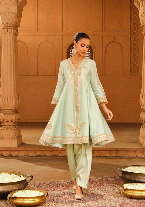 Mist Green Embroidered Silk Chanderi Kurta Set