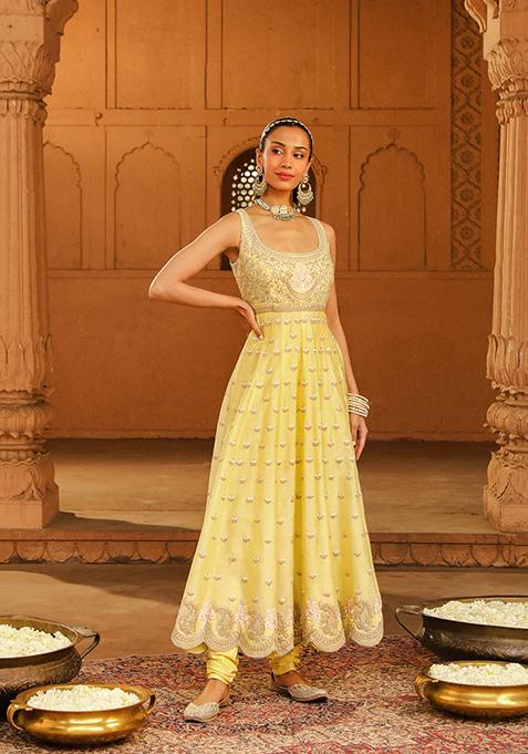 Lemon Yellow Embroidered Silk Chanderi Kurta Set