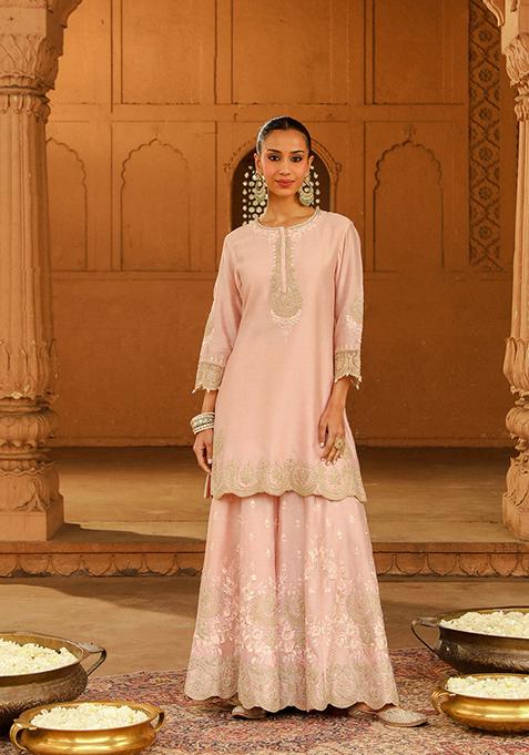 Blush Pink Embroidered Silk Chanderi Kurta Set