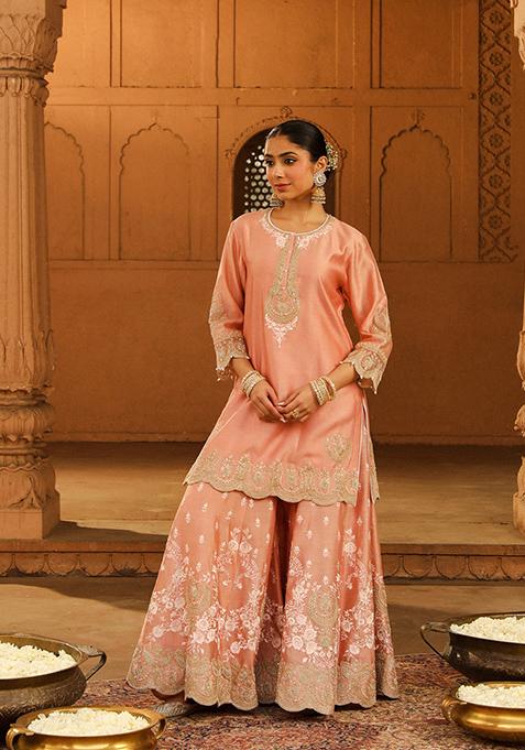 Off Rose Embroidered Silk Chanderi Kurta Set