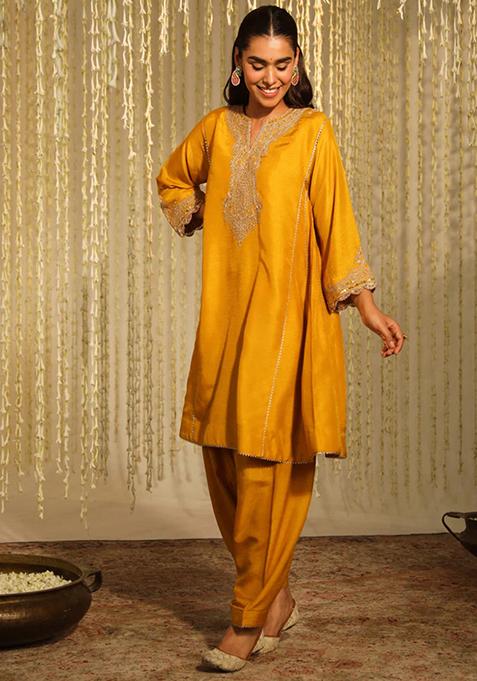 Mustard Embroidered Silk Dupion Kurta Set