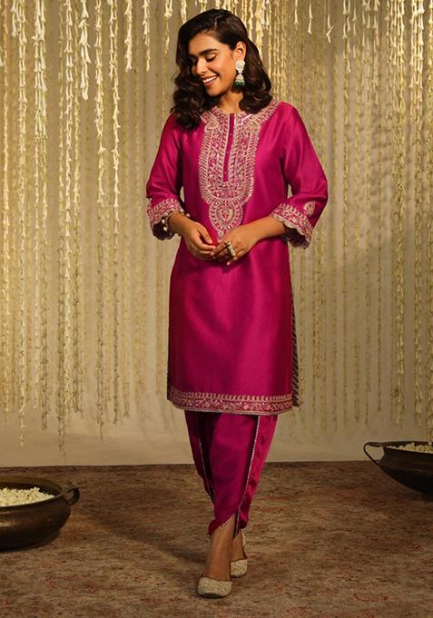 Hot Pink Embroidered Silk Chanderi Kurta Set