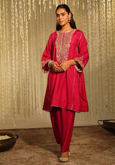 Hot Pink Embroidered Silk Chanderi Kurta Set