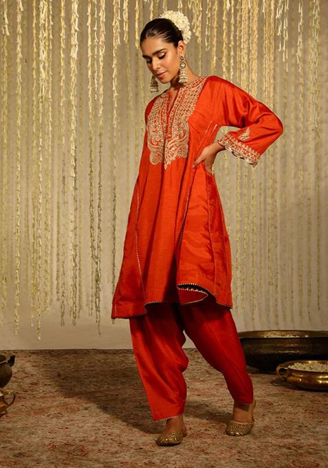 Burnt Orange Embroidered Silk Chanderi Kurta Set