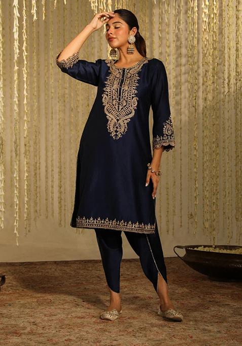 Deep Blue Embroidered Silk Chanderi Kurta Set