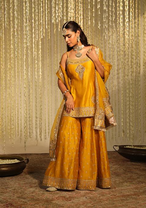 Mustard Embroidered Silk Chanderi Kurta Set