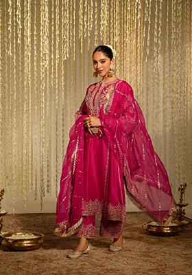 Hot Pink Embroidered Silk Chanderi Kurta Set