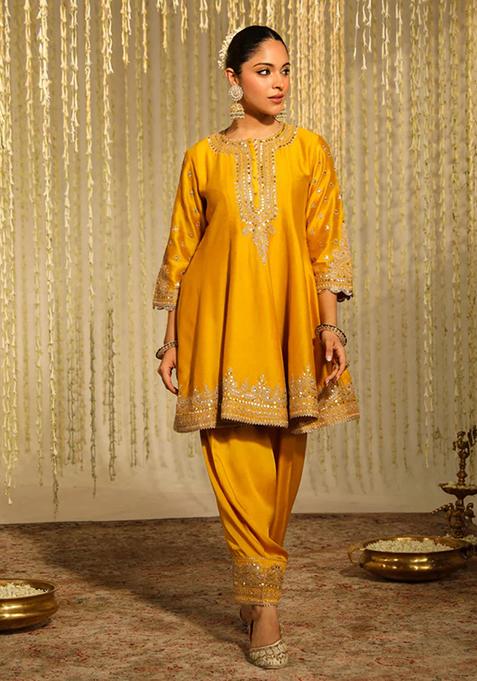 Mustard Embroidered Silk Chanderi Kurta Set