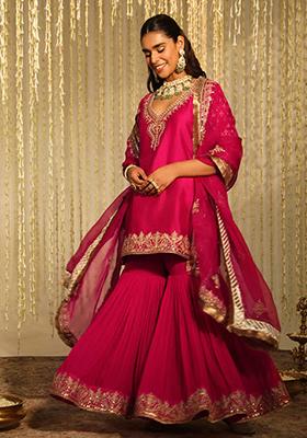 Hot Pink Embroidered Silk Chanderi Kurta Set