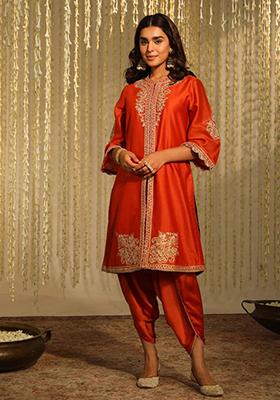 Burnt Orange Embroidered Silk Chanderi Kurta Set