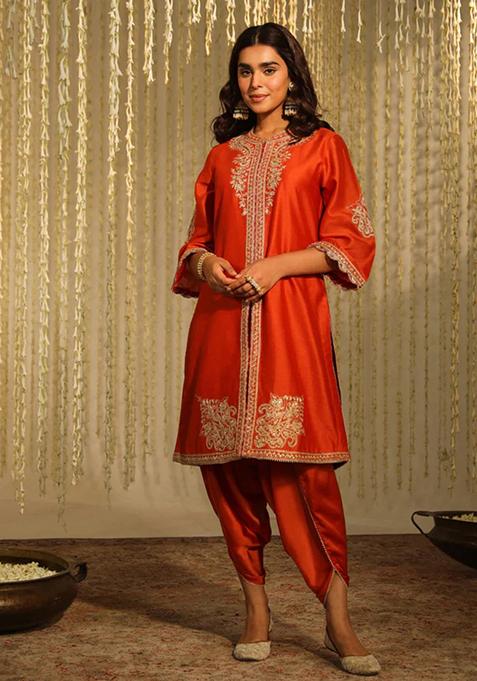 Burnt Orange Embroidered Silk Chanderi Kurta Set