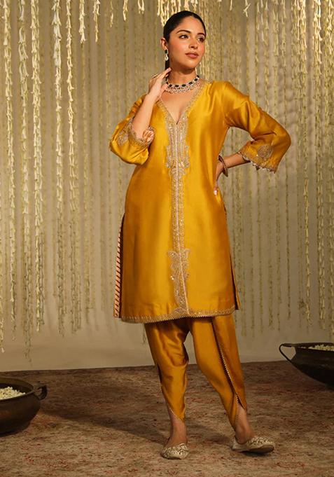 Mustard Embroidered Silk Chanderi Kurta Set