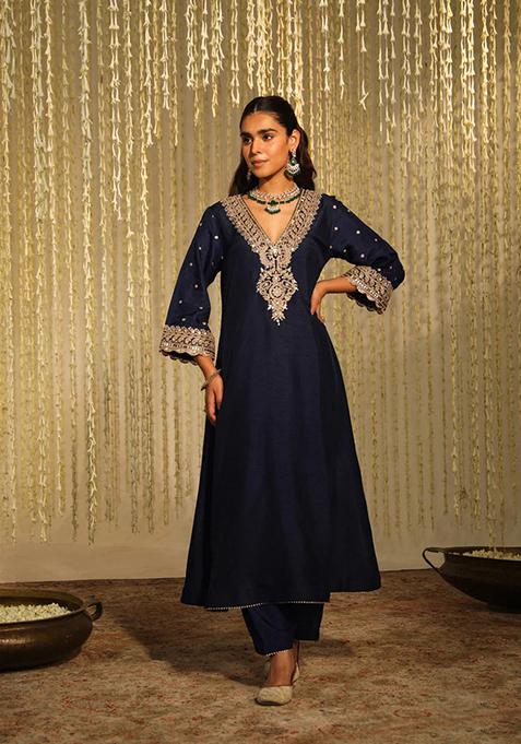 Deep Blue Embroidered Silk Chanderi Kurta Set