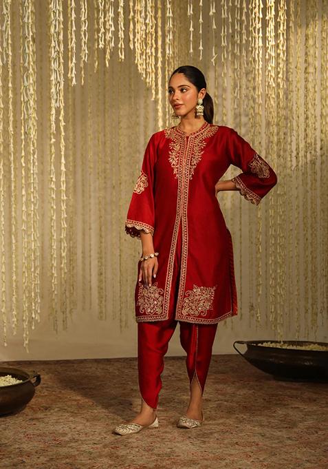 Deep Red Embroidered Silk Chanderi Kurta Set