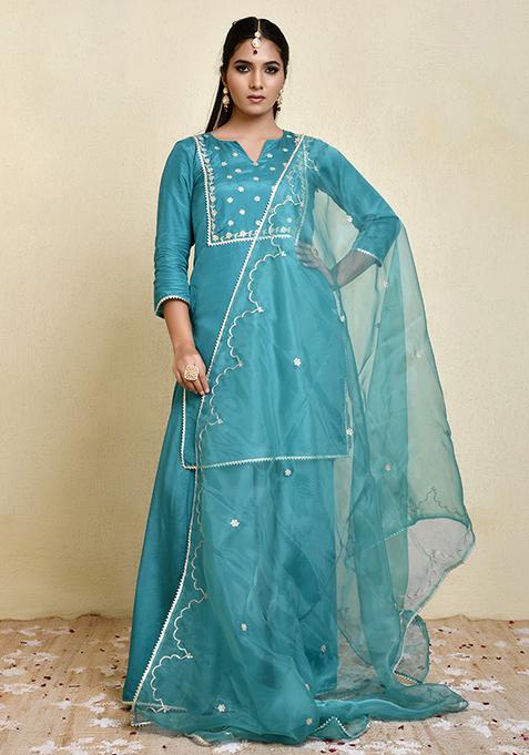 Teal Printed Uppada Silk Sharara Set