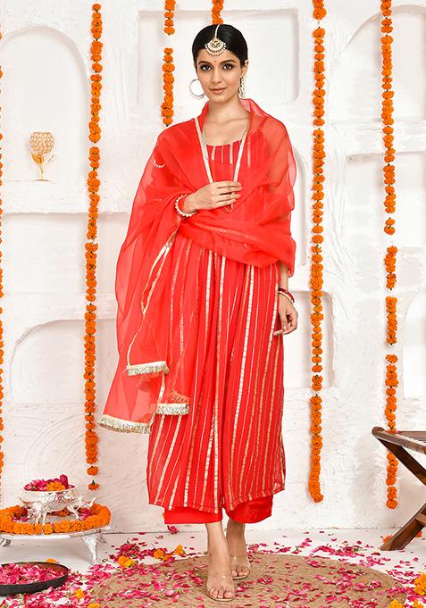 Red Hand Embroidered Georgette Lurex Kurta Set