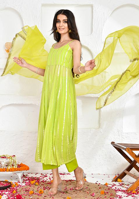 Green Hand Embroidered Georgette Lurex Kurta Set