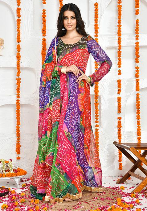 Multicolour Printed Chiffon Anarkali Gown Set