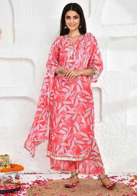 Pink Printed Chanderi Chiffon Kurta Set