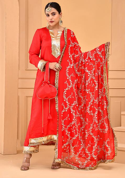 Red Embroidered Uppada Silk Kurta Set