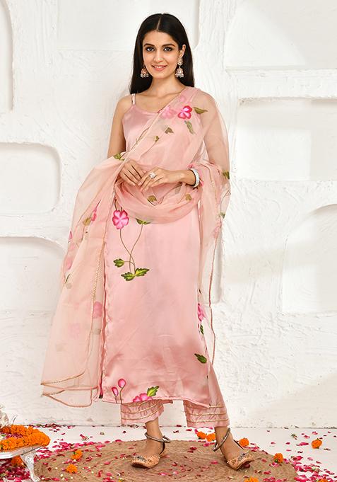 Pink Hand Painted Satin Silk Kurta Set