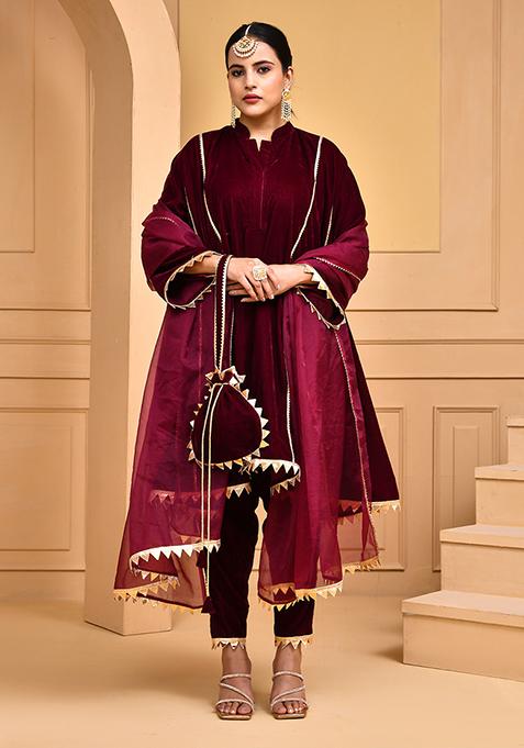 Wine Printed Velvet Organza Kurta Set